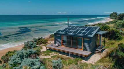 A small beach house with solar panels on the roof is located on a sandy cliff overlooking the ocean. AI.