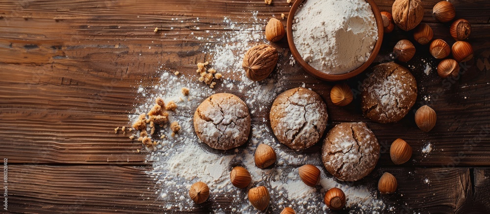 Poster hazelnut cookies on a wooden surface with scattered hazelnuts and flour, ideal for a copy space imag