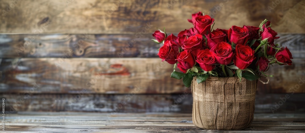 Poster red roses bouquet in a fabric box on a wooden surface with copy space image.