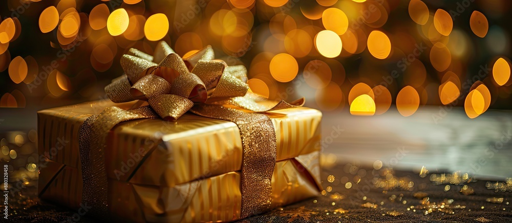 Poster gift box with a golden ribbon on a table, embodying christmas, new year, and valentine's day themes.