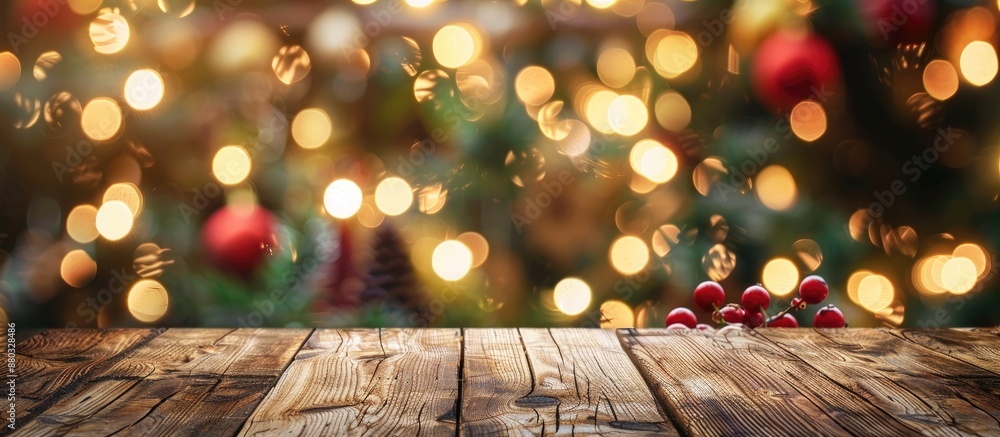 Poster Blurred Christmas-themed background with a wooden table in front, creating space for text. Soft focus adds to its artistic appeal. Copy space image included.
