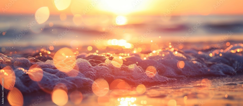 Poster Abstract bokeh background of a sunset beach with waves and sunlight reflecting on the water, creating a serene summer scene with copy space image.