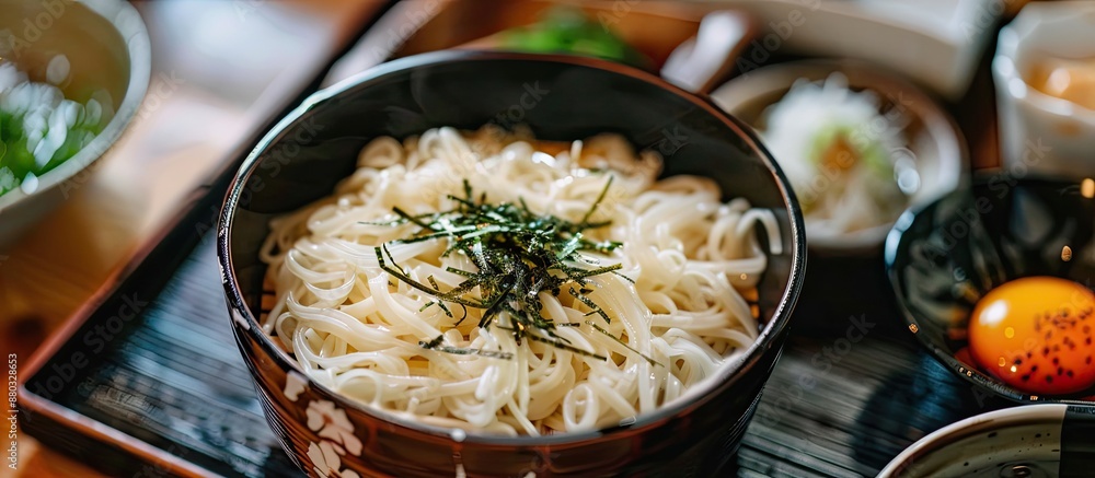 Poster vividly displayed in the picture is a visually appealing japanese dish featuring vibrant somen noodl