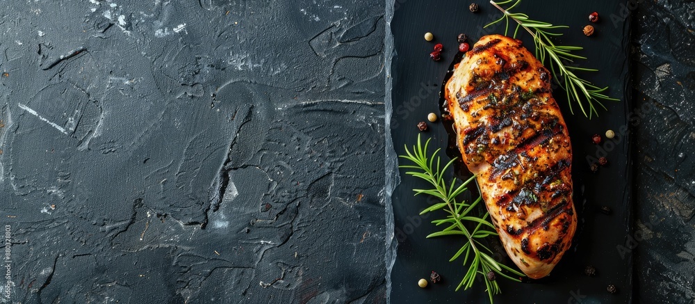 Poster a view from above of a grilled chicken breast presented on a sleek black tray with ample copy space 