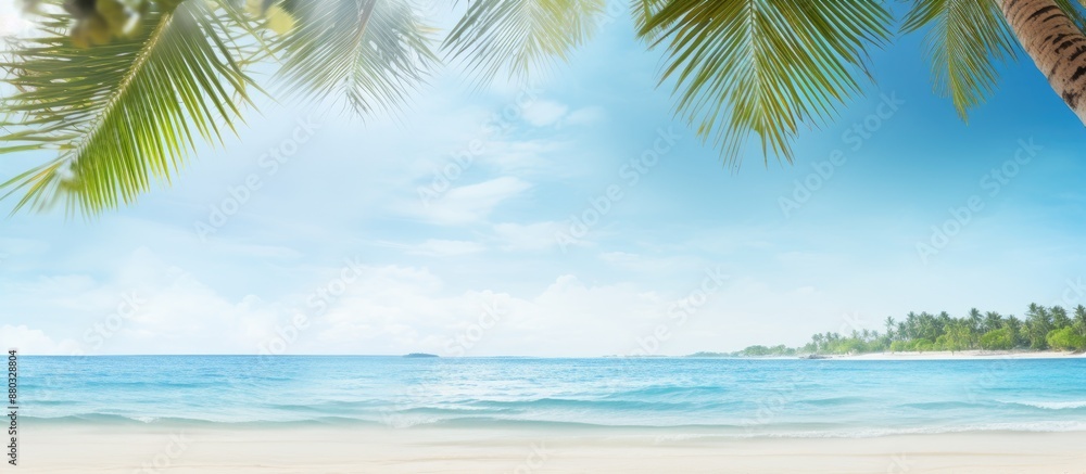 Poster Tropical beach scene with palm tree border against the backdrop. Copy space image available.