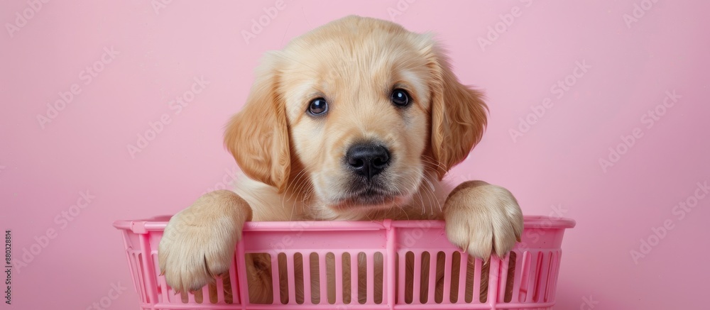 Poster Golden retriever puppy in a pink basket with paws dangling over the edge, gazing at the camera against a pink backdrop with copy space image.