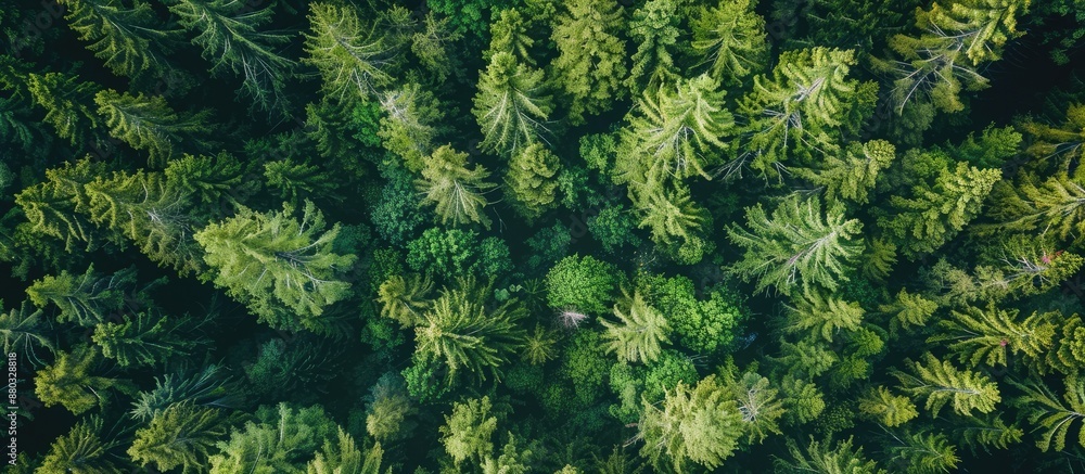 Poster an aerial perspective of a wooded area featuring tall pine trees with a vast expanse of open sky, su