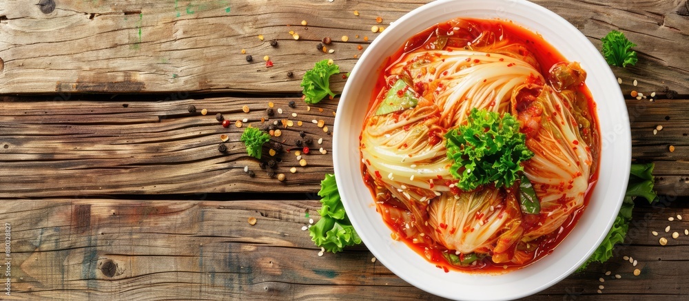 Poster a top view of korean cabbage kimchi in a white bowl on a wooden surface with selective focus. the le