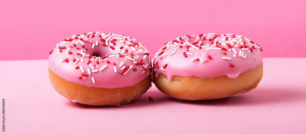 Poster a pair of new, sugary pink donuts with vibrant red sprinkles are displayed in this enticing copy spa