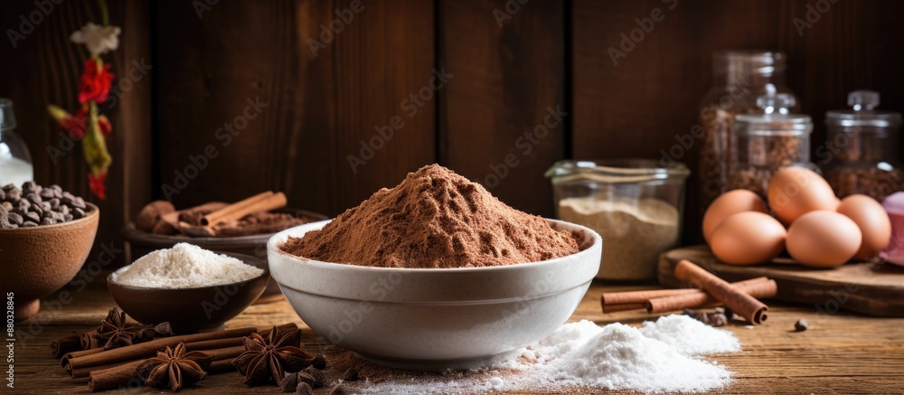 Aufkleber mixing bowl with flour and cocoa powder along with various ingredients for cooking a healthy meal at