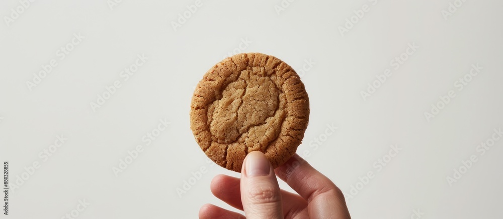 Poster a cookie with a creamy center held by a hand set against a white backdrop, providing space for addit