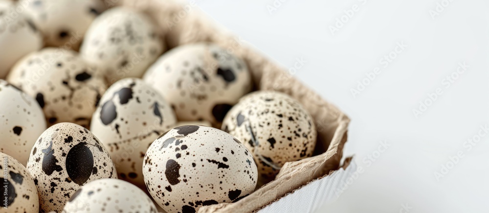 Poster Close-up of quail eggs in cardboard packaging on a white background with isolated copy space image.