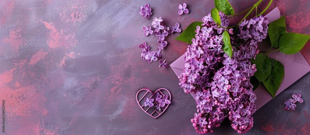 Aufkleber Creative flat lay mockup with symbolic heart on a Valentine's Day card featuring a beautiful lilac bouquet on paper background. Top view with ample copy space image available for text.