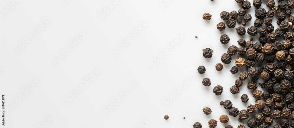 Poster Black peppercorns with a white background providing ample space for additional content in the image.