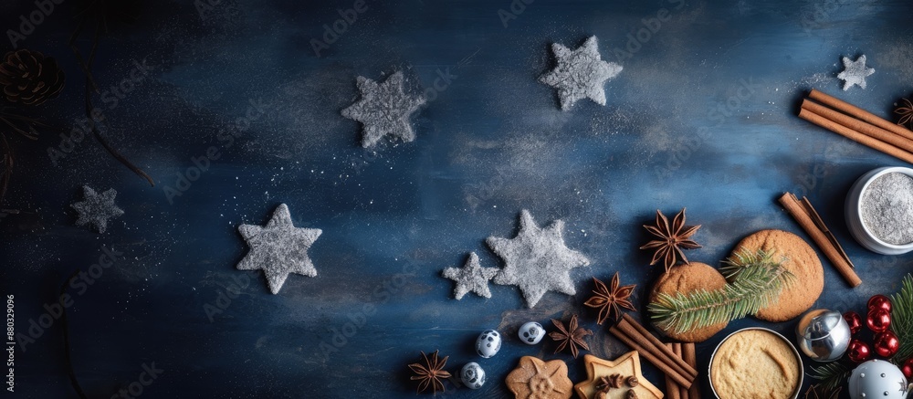 Poster holiday baking table with dark blue xmas theme as a background for baking cookies, equipped with ing