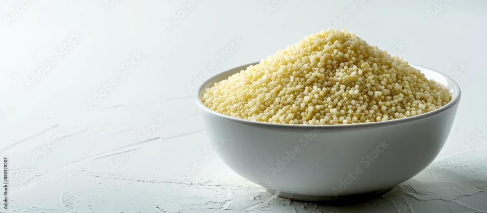 Poster white ceramic bowl with dry couscous against a bright white background, shown in a soft light and an