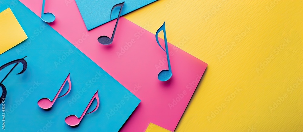 Poster a trendy, colorful photo with a minimal style, showcasing a music concept on a colorful paper backdr