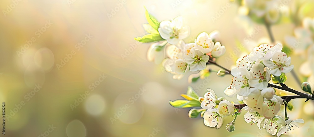 Poster an exquisite fruit tree branch in full bloom during the early spring, enhancing copy space image.