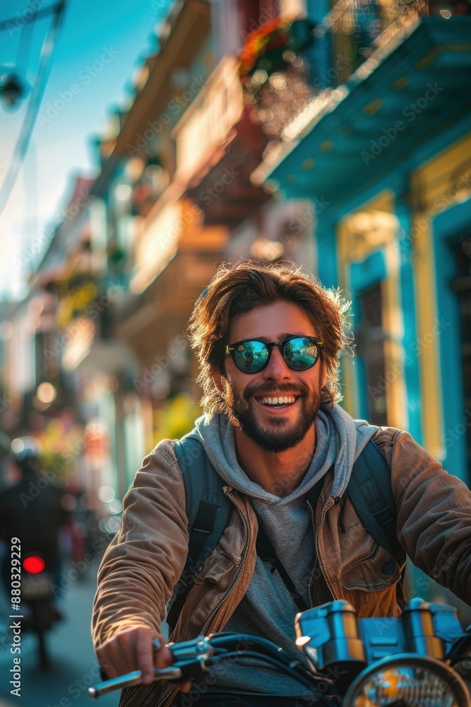 Sticker A smiling man wearing sunglasses rides a motorcycle down a colorful street. AI.