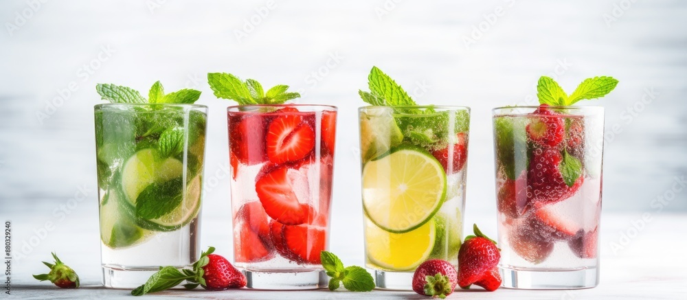 Poster detox cold water with lime, strawberry, and mint in a glass with ice cubes on a gray background, per