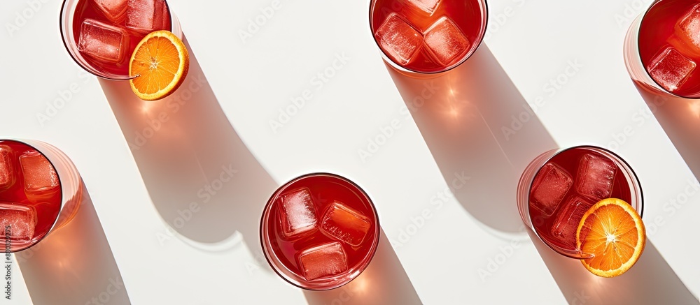 Poster flatlay image of negroni cocktails with blood oranges on a white background, featuring shadows and p