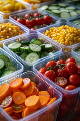 Obraz premium Close-up view of a table covered with an assortment of colorful plastic containers filled with various fresh vegetables