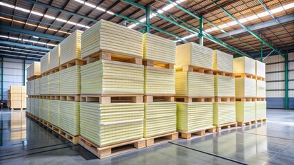 Stacks of foam insulation panels on wooden pallets in a well-organized warehouse storage area with minimal background distraction.