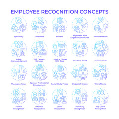 Employee recognition blue gradient concept icons. Workers motivation. Workplace culture. Boost morale. Appreciate staff. Icon pack. Vector images. Round shape illustrations. Abstract idea