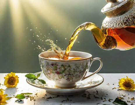 Tea being poured from a clear glass teapot into a pretty cup with the morning light shining onto the table.