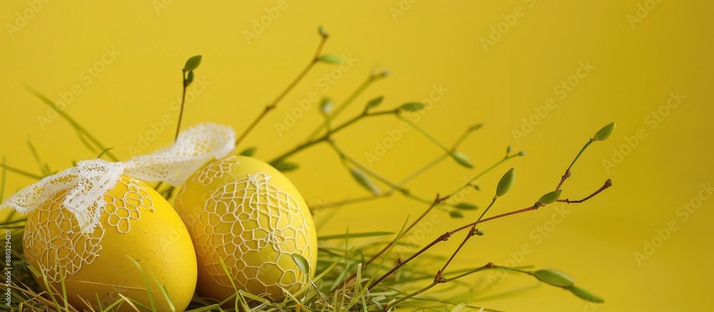 Aufkleber easter decoration featuring two yellow eggs adorned with lace ribbons nestled in green grass twigs o