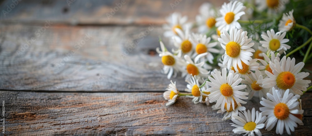 Poster View from the top of a wooden table with a bouquet of chamomile flowers, featuring selective focus and a clear background for adding text or other elements - copy space image.