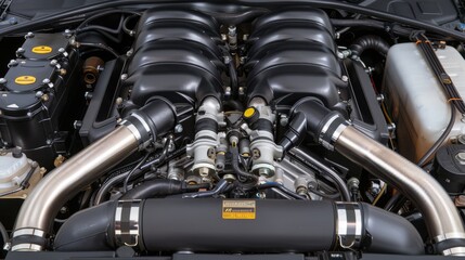 Fototapeta premium Close-up of a high-performance car engine showcasing intricate mechanical components, perfect for automotive and industrial themes.