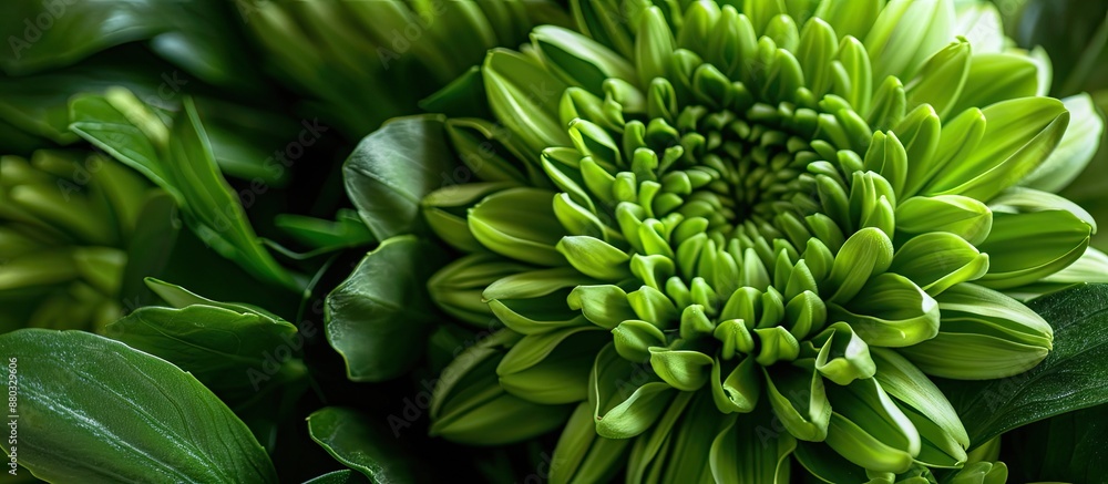 Poster a detailed shot displaying a green chrysanthemum flower in a bridal bouquet, with a blank area in th