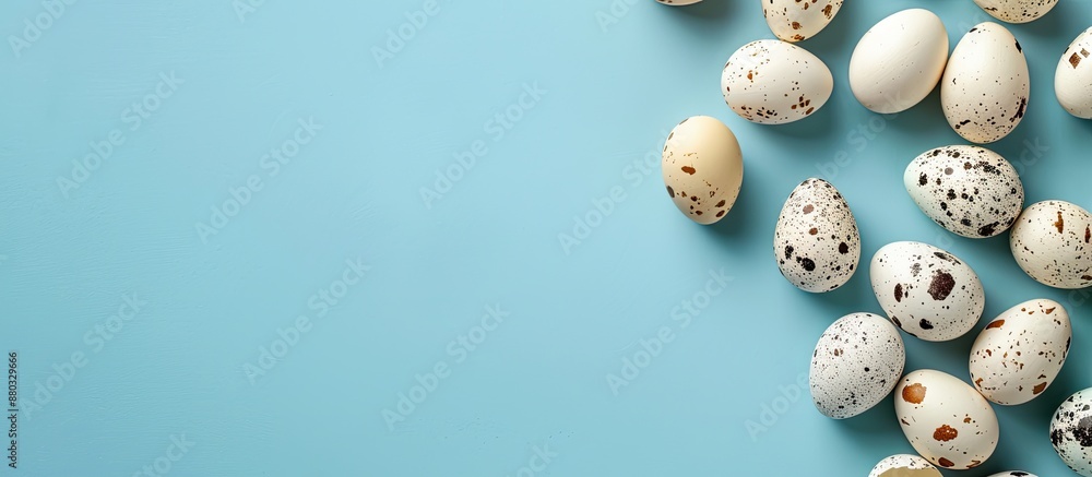 Poster quail and white chicken eggs placed on a blue background, perfect for an easter card with a flat lay