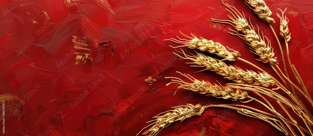 Poster Golden wheat painted in gold on a red background with top twist, creating a trendy copy space image.