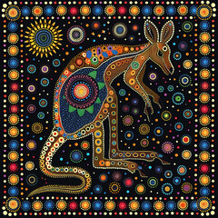 Naklejka premium Australian aboriginal traditional dot painting of a kangaroo in bright colors.