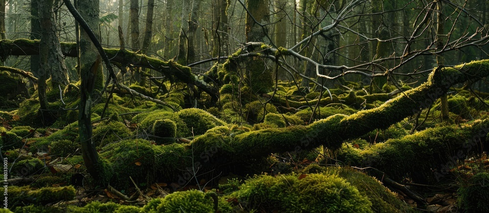 Poster European forest floor showing moss covered branches with an empty space for inserting an image. with copy space image. Place for adding text or design