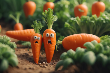 Two 3D fearful cartoon carrots with green tops in a carrot patch. Studio illustration for design and print. Vegetable characters and healthy eating concept
