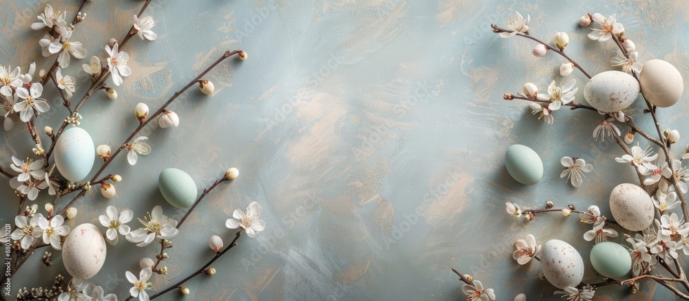 Poster vintage easter themed background with blooming spring branches eggs and a top down perspective featu
