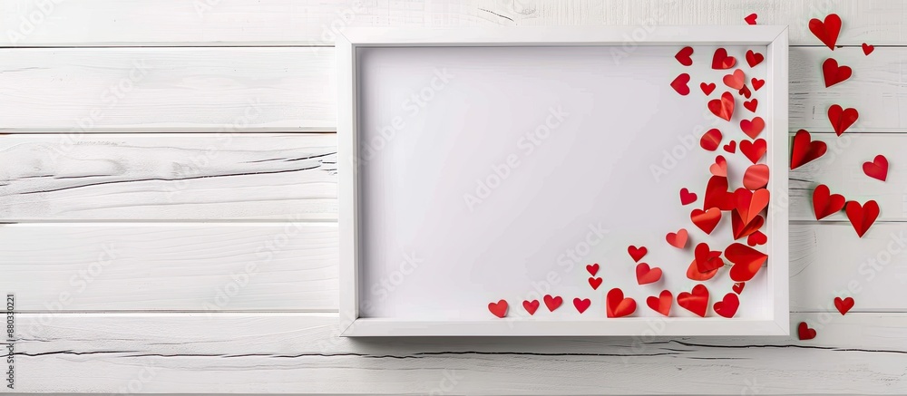 Poster Valentine s Day themed mockup featuring a white photo frame adorned with red paper hearts on a white wooden background Top view flat lay with ample copy space image available