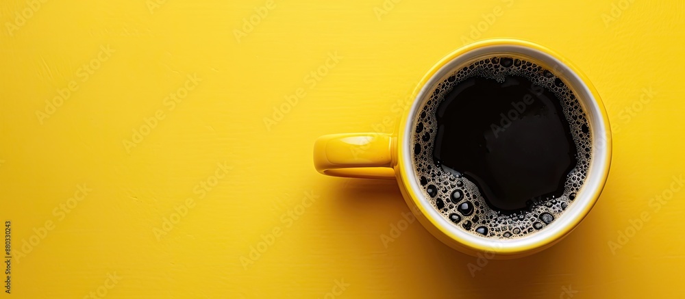 Poster invigorating drink in a yellow mug filled with black coffee on a yellow background in a flat lay cop