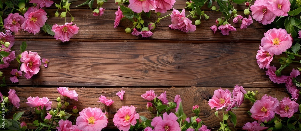 Poster a wooden background provides a charming border for a vibrant display of fresh pink flowers with copy