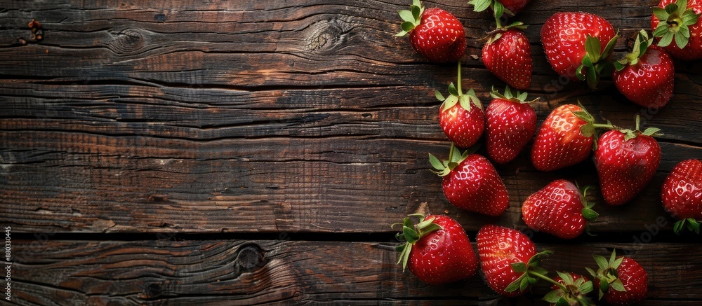 Fototapete Strawberries placed on wooden surface creating a beautifully rustic background with copy space image for text