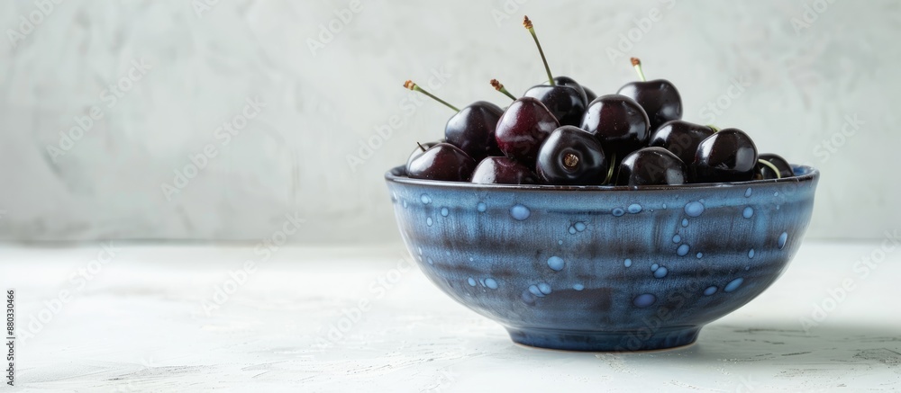 Leinwandbilder a blue bowl on a white background filled with fresh ripe black cherries ready for your own image or 