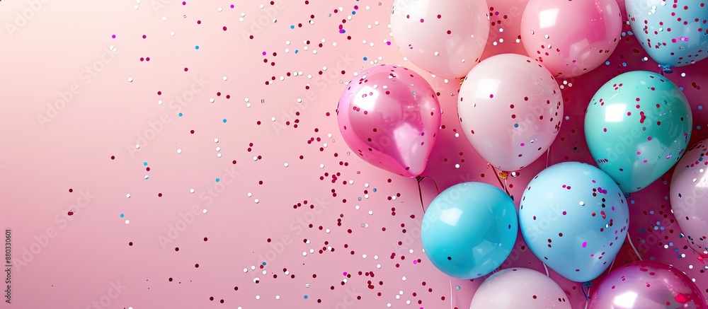 Poster Party themed frame with balloons on a pink backdrop ideal for a copy space image
