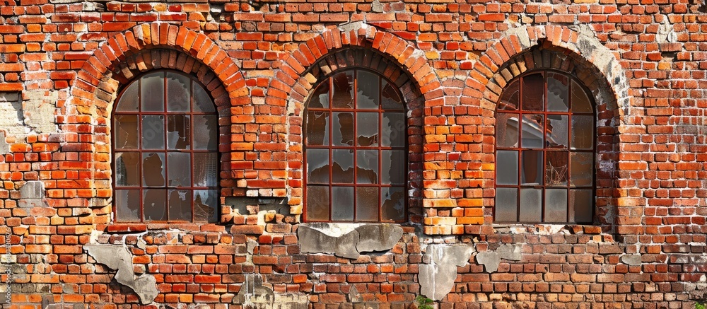 Poster Old house wall with arched windows made of red bricks showing texture in a copy space image
