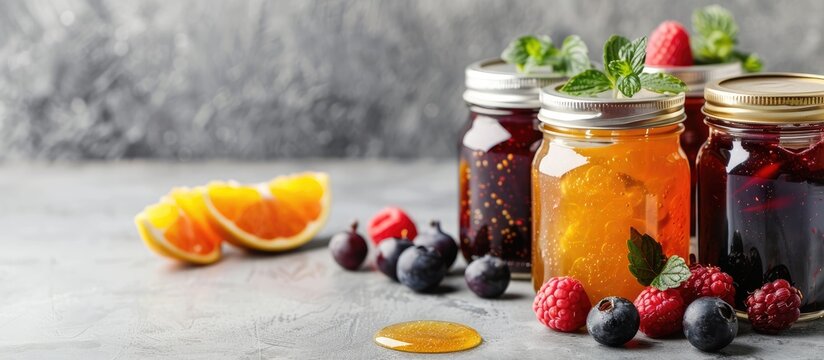 Sweet jams in jars set against a neutral grey backdrop with ample copy space image