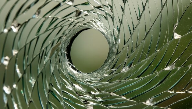 Broken Glass - Hole through Window - Cracked Glass around a Gun Hole - Shot through Glass - Background, Wallpaper or Texture - Closeup of Vandalism or Crime - Ruined Windshield, Car or Home Window