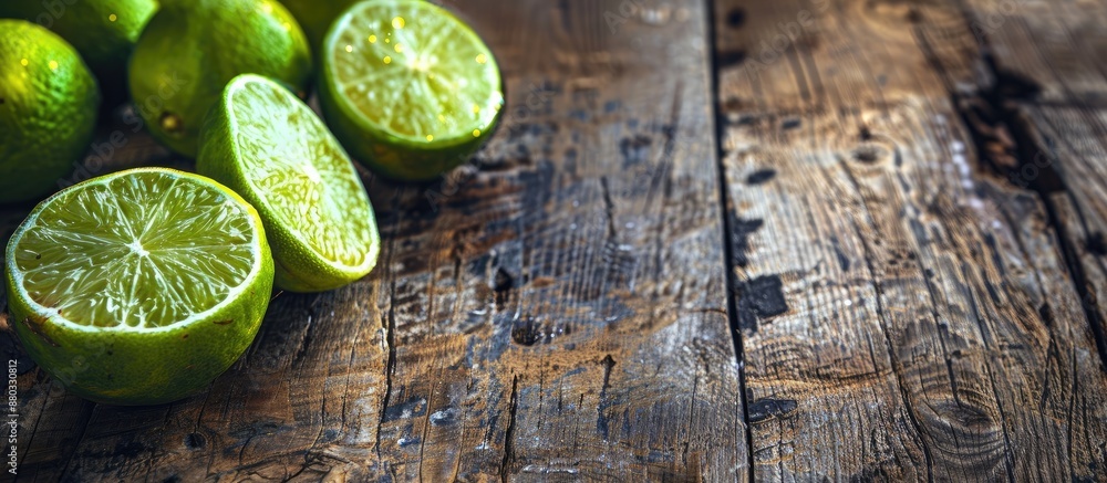 Poster lime placed on a rustic wooden table in a detox diet concept with copy space image