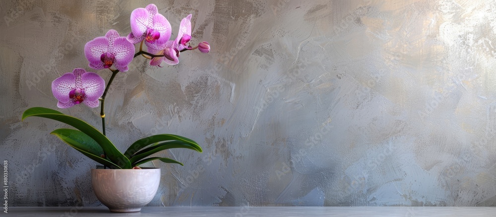 Poster Orchid in a simple pot placed on a table with available copy space image